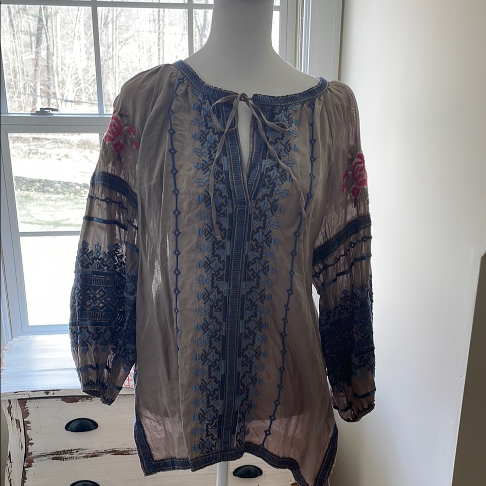 Embroidered Boho Blouse - Blue and Pink